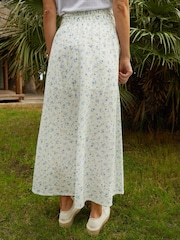Threadbare White Floral Ditsy Print Shirred Pull On Linen Blend Midaxi Skirt - Image 3 of 5