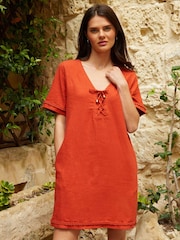 Threadbare Orange Linen Blend Lace Front Detail T-Shirt Dress - Image 1 of 4