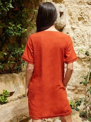 Threadbare Orange Linen Blend Lace Front Detail T-Shirt Dress - Image 2 of 4