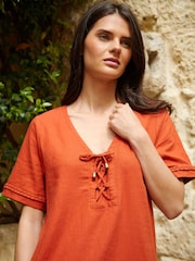 Threadbare Orange Linen Blend Lace Front Detail T-Shirt Dress - Image 3 of 4