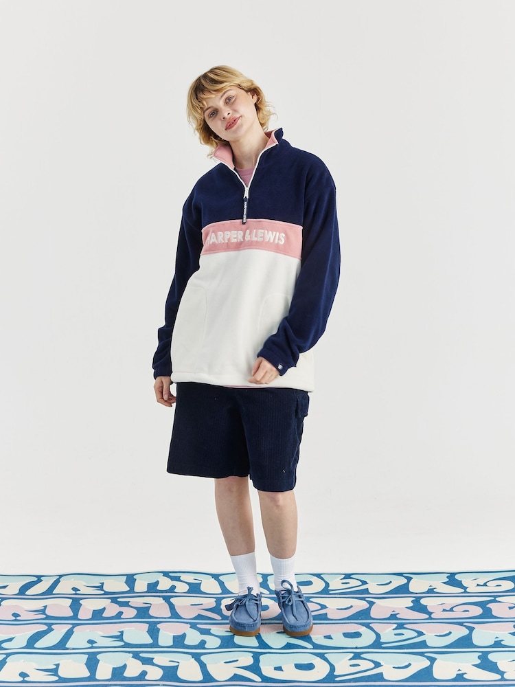 Harper & Lewis Blue Mellow Retro Pattern 1/4  Zip Fleece - Image 2 of 7