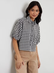 Threadbare Black Check Cropped Bubble Sleeve Shirt - Image 1 of 4