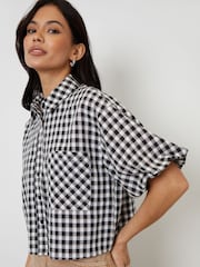 Threadbare Black Check Cropped Bubble Sleeve Shirt - Image 3 of 4