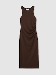 Reiss Chocolate Brown Lola Jersey Ruched Racer Midi Dress - Image 2 of 6