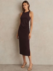 Reiss Burgundy Lola Jersey Ruched Racer Midi Dress - Image 1 of 5