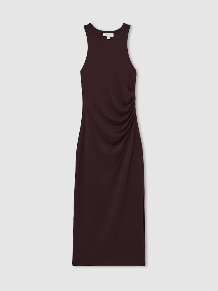 Reiss Burgundy Lola Jersey Ruched Racer Midi Dress - Image 2 of 5