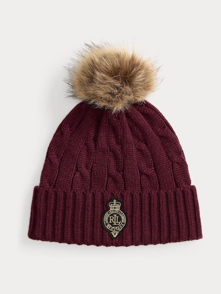 Lauren Ralph Lauren Red Patch Knitted Pom Beanie Hat - Image 1 of 2 Lauren Ralph Lauren Red Patch Knitted Pom Beanie Hat - Image 1 of 2