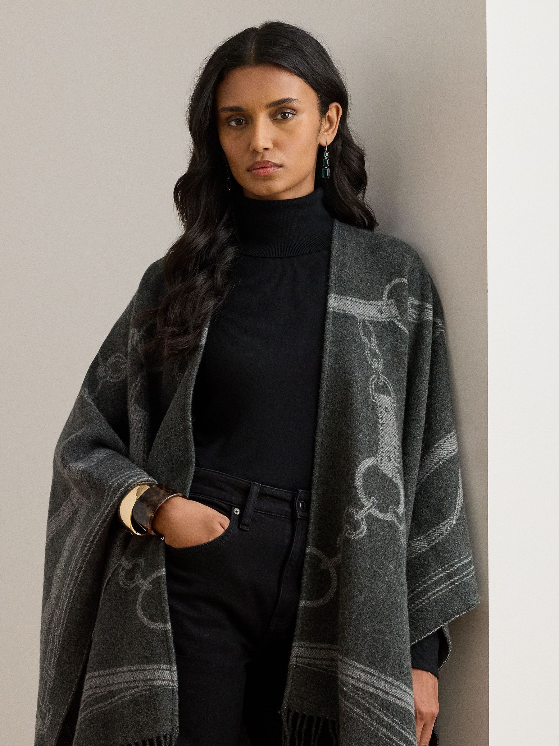Buy Lauren Ralph Lauren Grey Knit Fringed Cape Poncho from Next USA