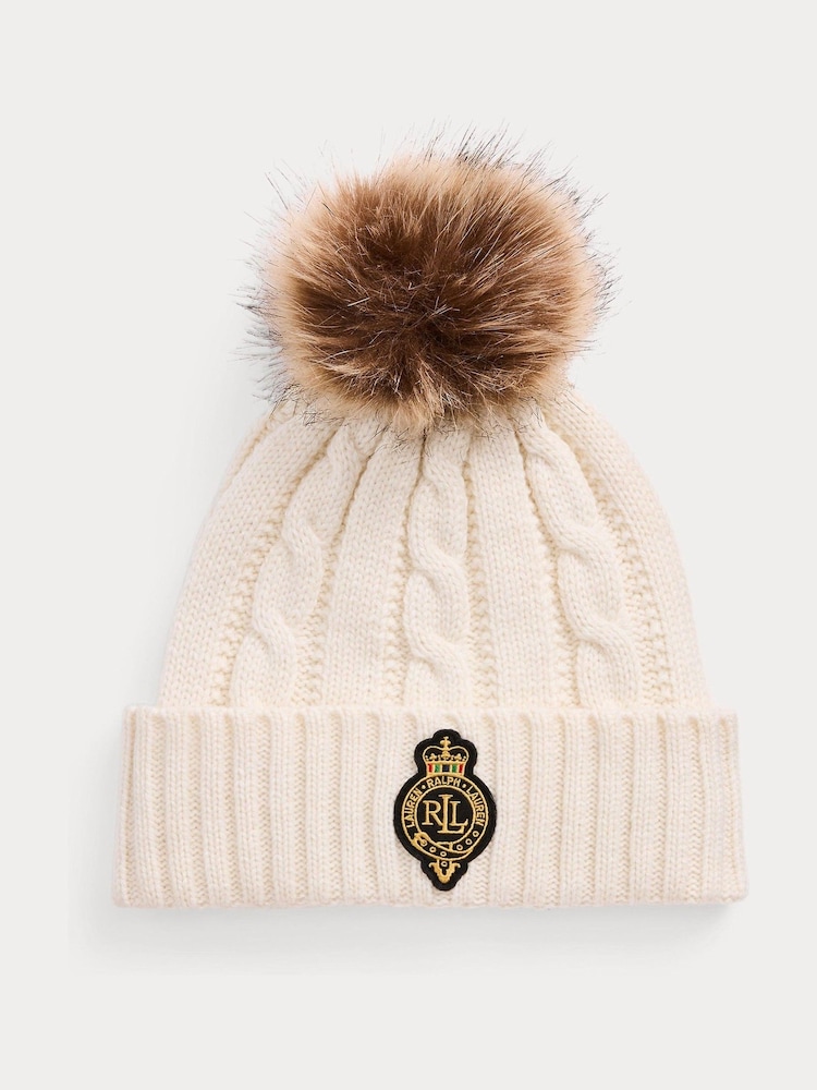 Lauren Ralph Lauren Cream Patch Knitted Pom Beanie Hat - Image 1 of 2