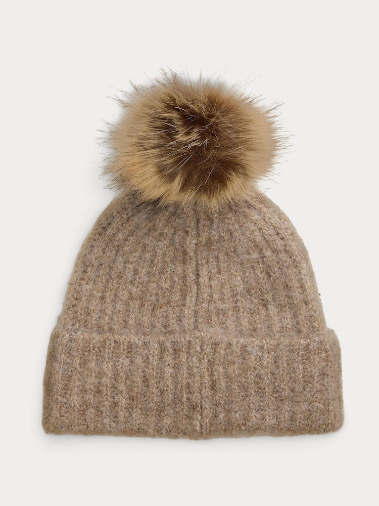 Lauren Ralph Lauren Brown Ribbed Logo Knitted Pom Beanie Hat - Image 1 of 2