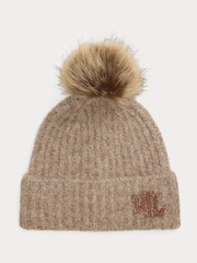 Lauren Ralph Lauren Brown Ribbed Logo Knitted Pom Beanie Hat - Image 2 of 2