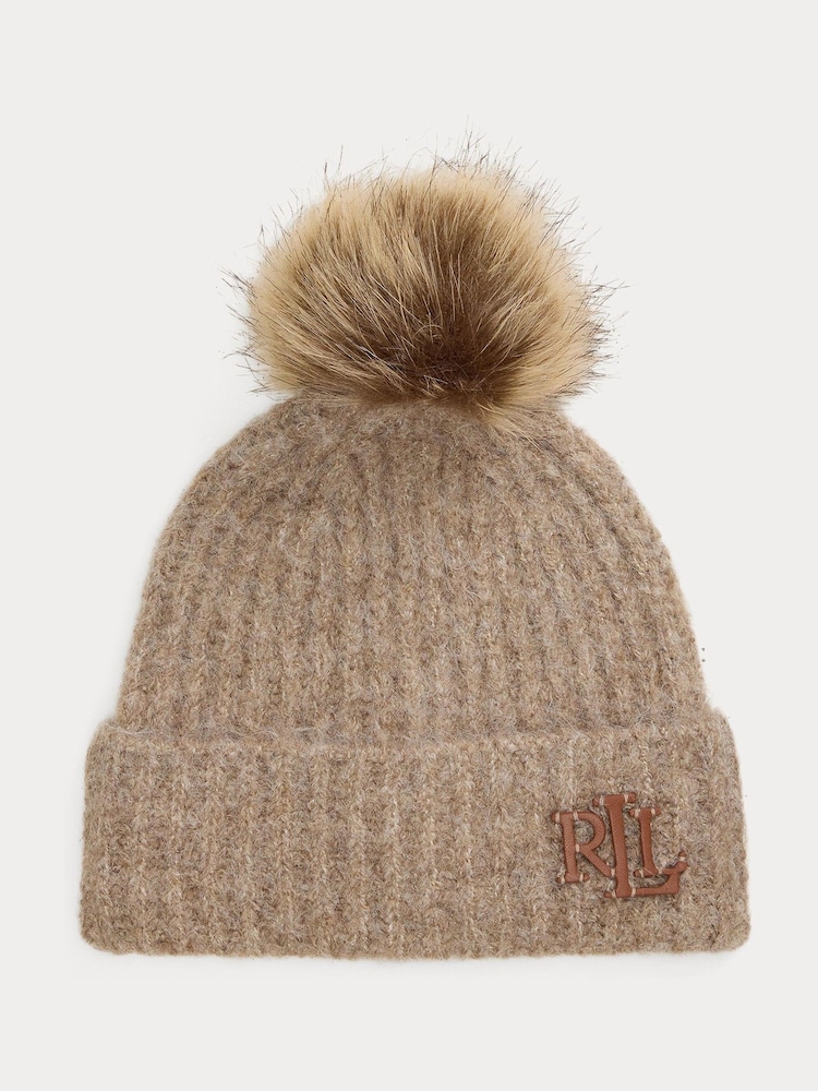 Lauren Ralph Lauren Brown Ribbed Logo Knitted Pom Beanie Hat - Image 2 of 2