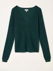 FatFace Ada Dark Teal Sparkle V Neck Knitted Jumper - Image 1 of 1