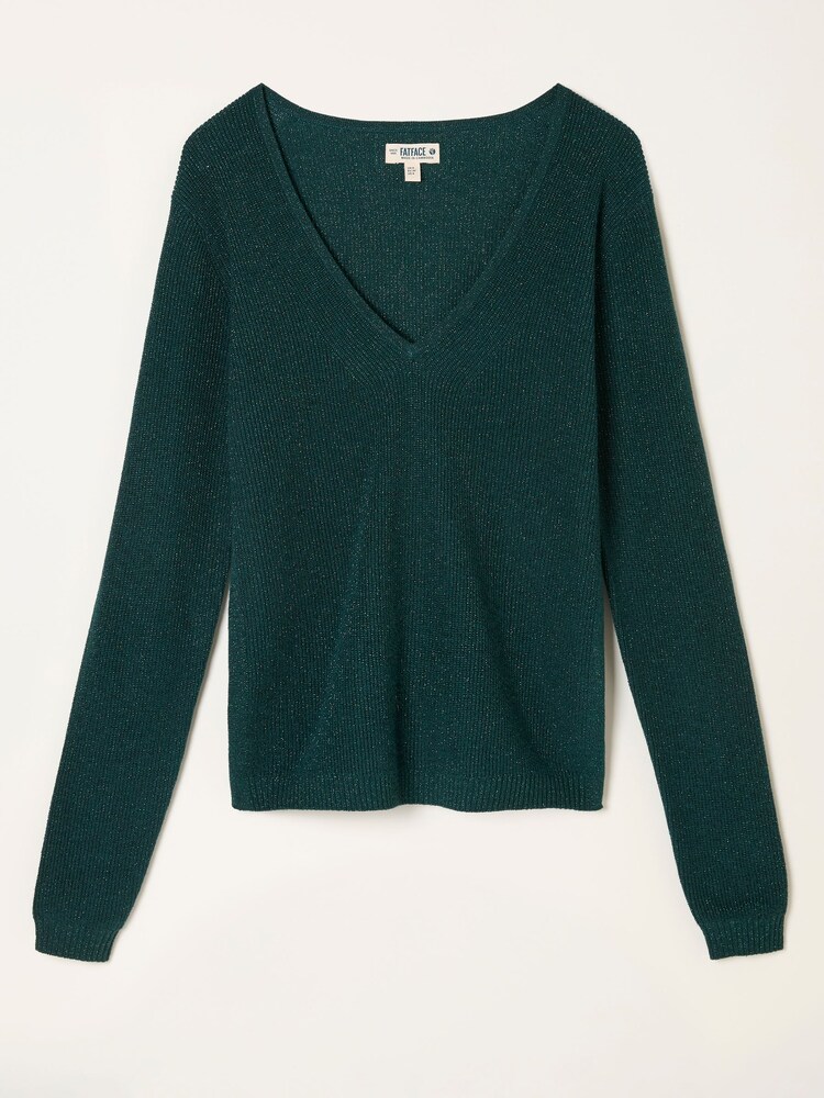 FatFace Ada Dark Teal Sparkle V Neck Knitted Jumper - Image 1 of 1 FatFace Ada Dark Teal Sparkle V Neck Knitted Jumper - Image 1 of 1