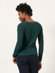 FatFace Ada Dark Teal Sparkle V Neck Knitted Jumper - Image 2 of 5