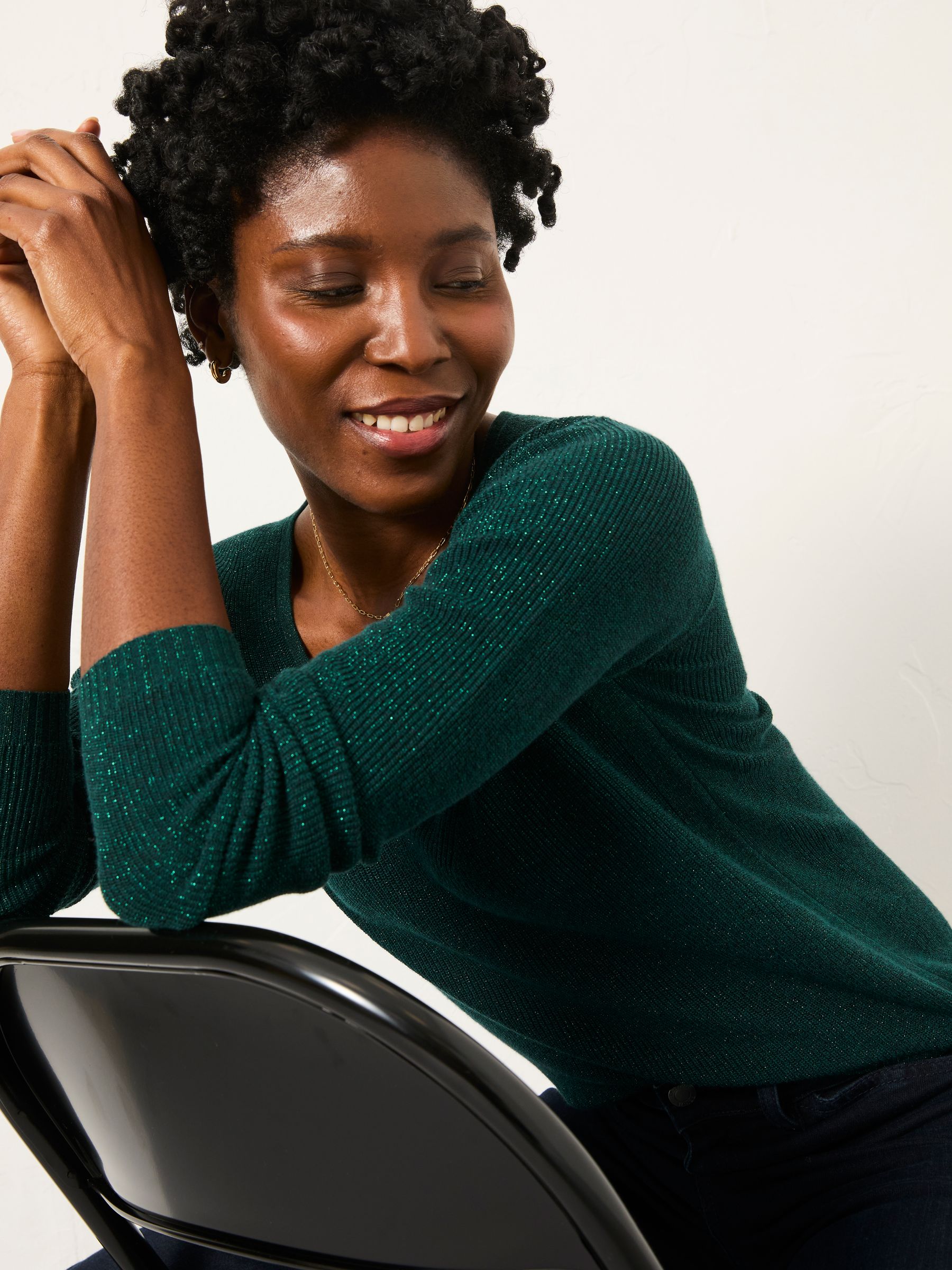 Buy FatFace Ada Dark Teal Sparkle V Neck Knitted Jumper from the