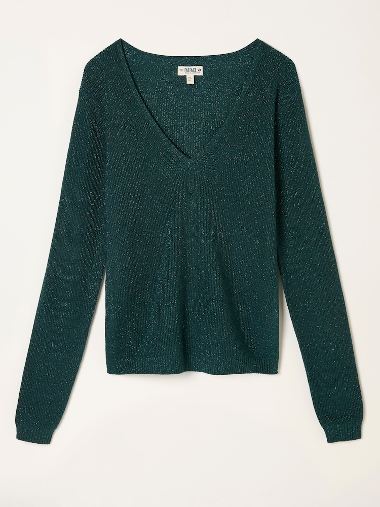 FatFace Ada Dark Teal Sparkle V Neck Knitted Jumper - Image 5 of 5