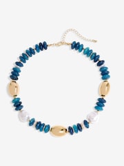 Mood Gold Tone Blue Bead Statement Necklace - Image 1 of 2