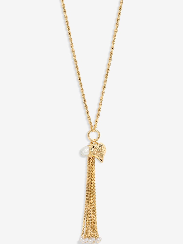 Mood Gold Tone Hammered Heart Pearl Chain Long Pendant Necklace - Image 1 of 2