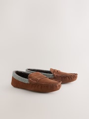 Tan Brown Signature Suede Fabric Trim Moccasin Slippers - Image 1 of 5