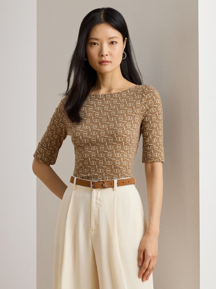 Lauren Ralph Lauren Brown Patterned Boat Neck Quarter Sleeve Jersey Stretch Top - Image 1 of 7 Lauren Ralph Lauren Brown Patterned Boat Neck Quarter Sleeve Jersey Stretch Top - Image 1 of 7