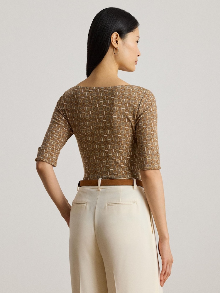 Lauren Ralph Lauren Brown Patterned Boat Neck Quarter Sleeve Jersey Stretch Top - Image 2 of 7 Lauren Ralph Lauren Brown Patterned Boat Neck Quarter Sleeve Jersey Stretch Top - Image 2 of 7