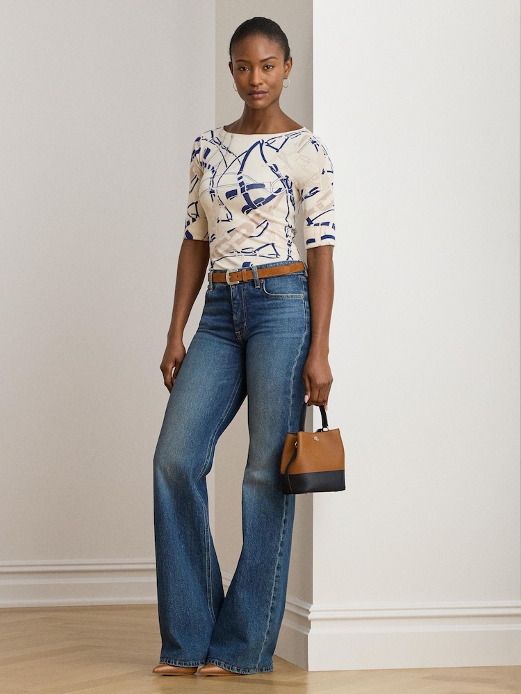 Lauren Ralph Lauren Cream Patterned Boat Neck Quarter Sleeve Jersey Stretch Top - Image 2 of 9 Lauren Ralph Lauren Cream Patterned Boat Neck Quarter Sleeve Jersey Stretch Top - Image 2 of 9