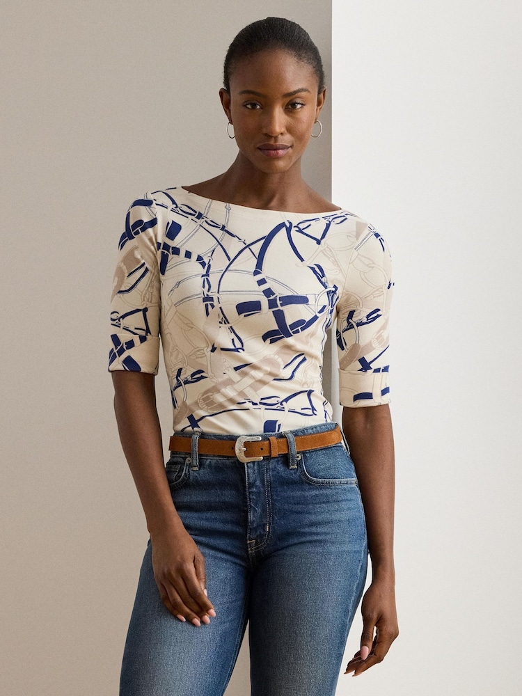 Lauren Ralph Lauren Cream/Navy Multi Judy Stretch Cotton Boat Neck T-Shirt - Image 8 of 8