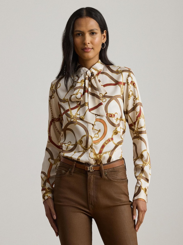 Lauren Ralph Lauren Cream Kristy Chain Print Necktie Bow Blouse - Image 1 of 7 Lauren Ralph Lauren Cream Kristy Chain Print Necktie Bow Blouse - Image 1 of 7