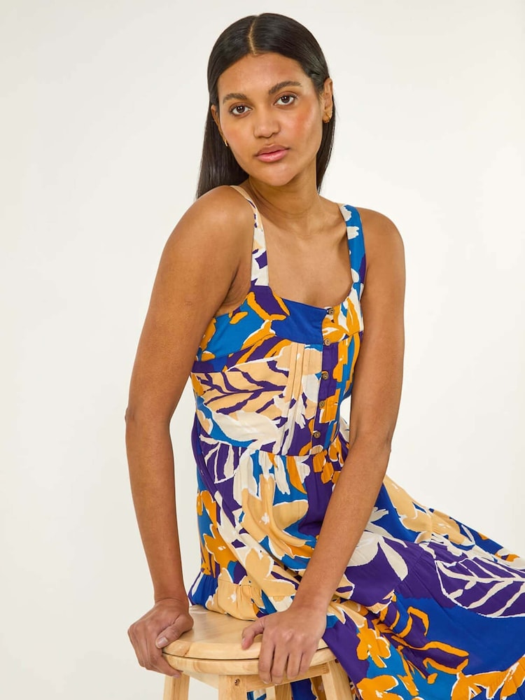 Roman Blue Floral Print Midi Sundress - Image 1 of 5