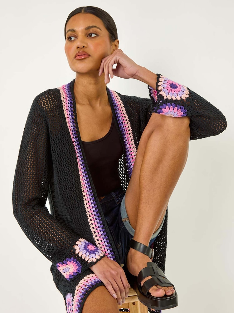 Roman Black Crochet Hem Lightweight Knit Cardigan - Image 1 of 5