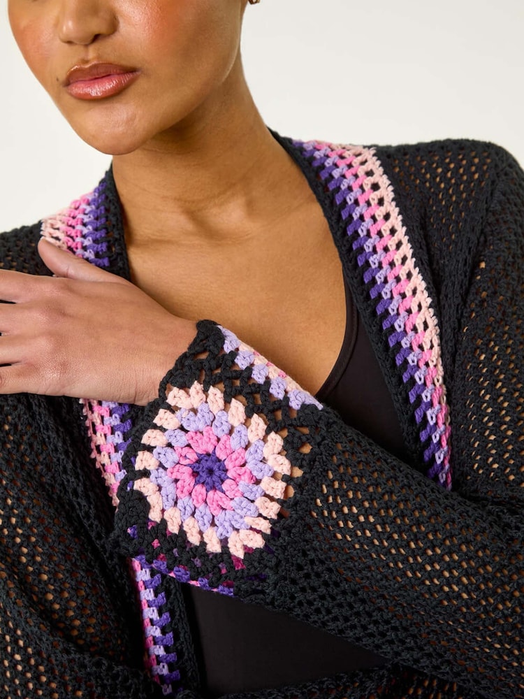 Roman Black Crochet Hem Lightweight Knit Cardigan - Image 2 of 5