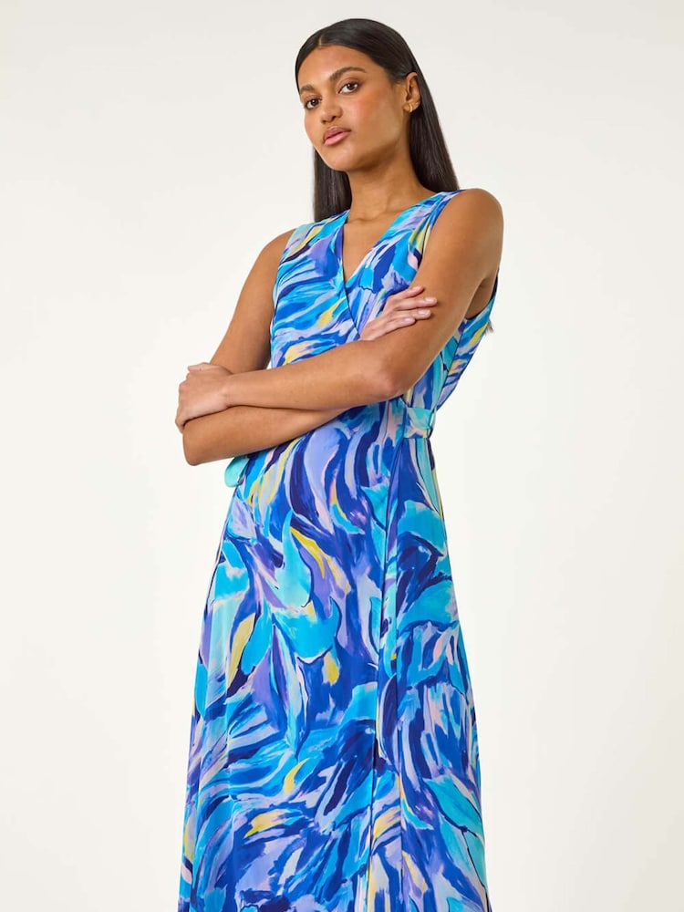 Roman Blue Floral Print Wrap Chiffon Midi Dress - Image 2 of 5