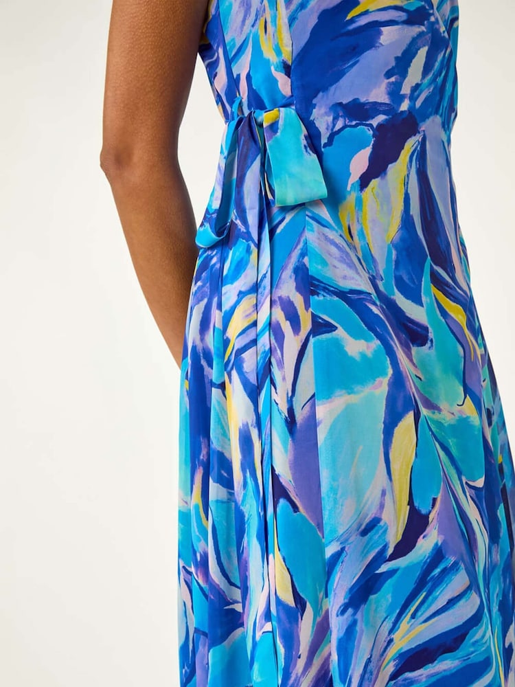 Roman Blue Floral Print Wrap Chiffon Midi Dress - Image 5 of 5
