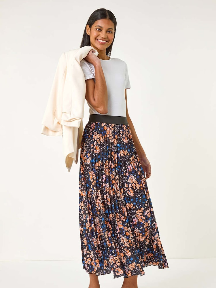 Roman Black Ditsy Floral Print Pleated Stretch Skirt - Image 2 of 5