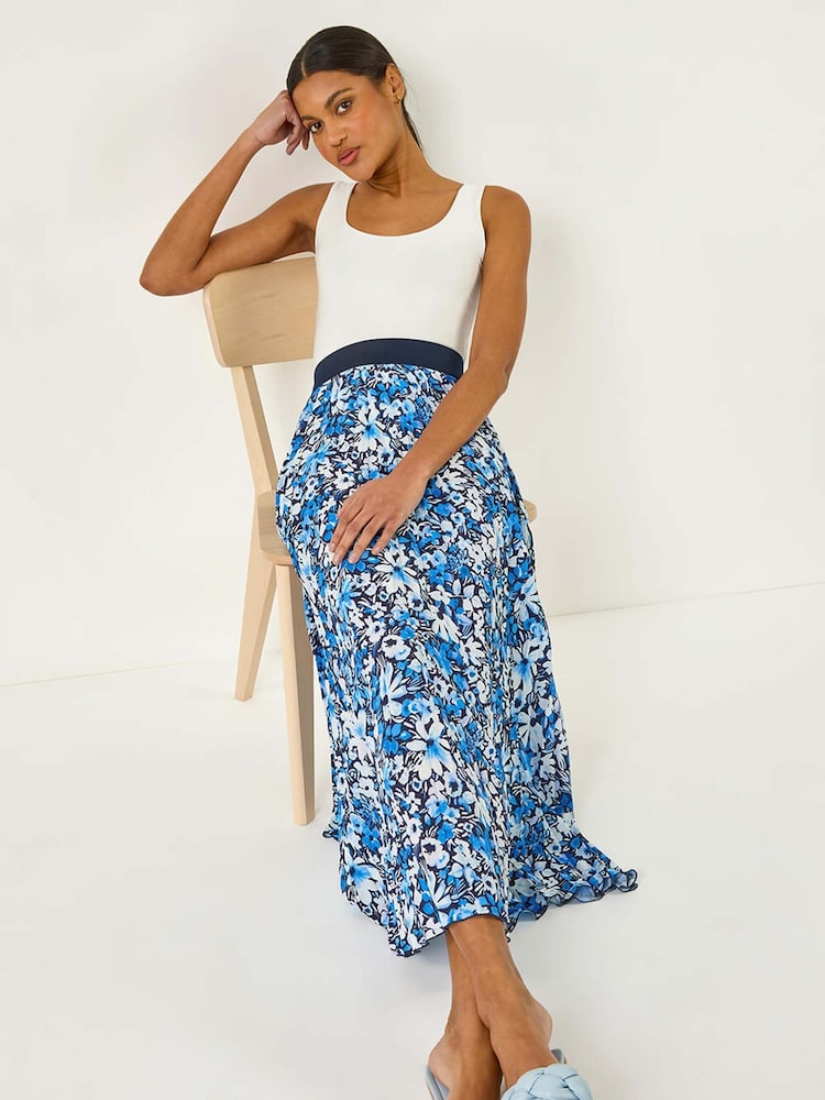 Roman Blue Floral Print Pleated Skirt - Image 1 of 5