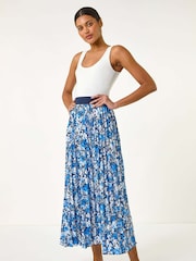 Roman Blue Floral Print Pleated Skirt - Image 2 of 5