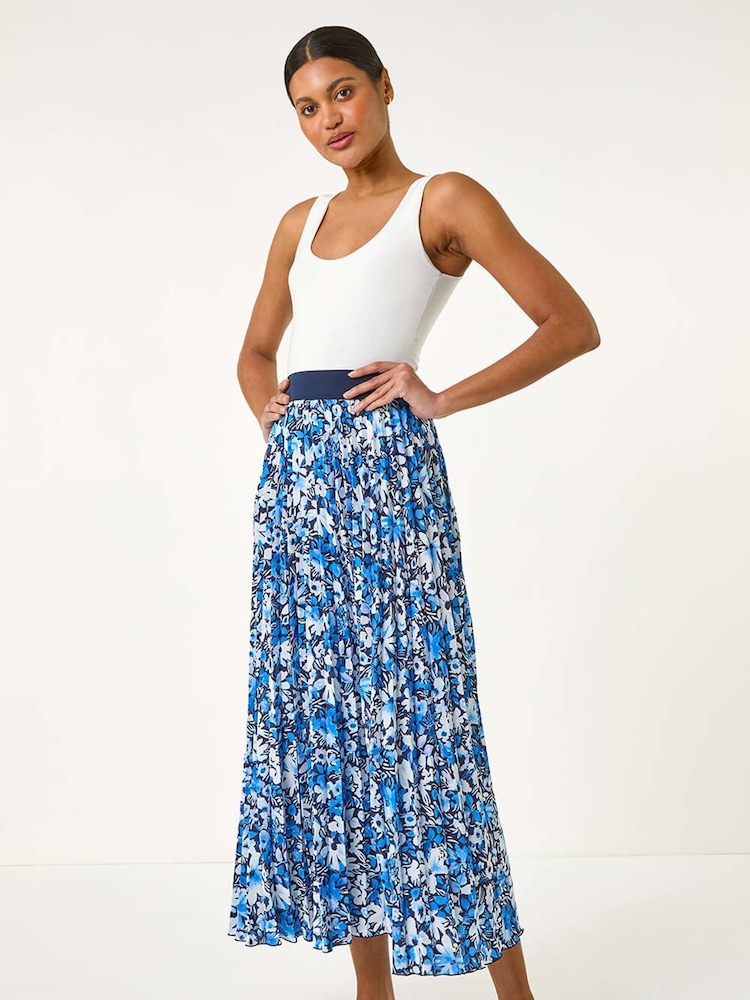 Roman Blue Floral Print Pleated Skirt - Image 2 of 5