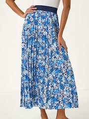 Roman Blue Floral Print Pleated Skirt - Image 4 of 5