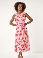 Roman Floral Print Pleated Chiffon Midi Dress - Bild 1 von 5