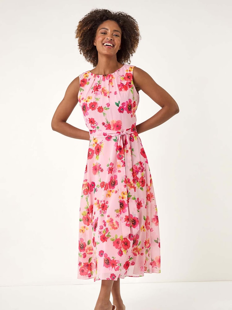 Roman Floral Print Pleated Chiffon Midi Dress - Bild 1 von 5