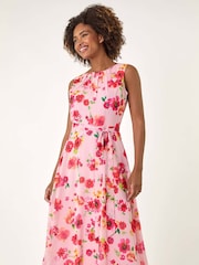 Roman Floral Print Pleated Chiffon Midi Dress - Bild 2 von 5