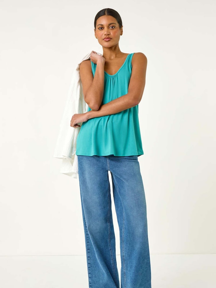 Roman Green Plain V-Neck Stretch Jersey Vest Top - Image 1 of 5