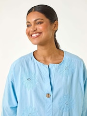 Roman Blue 100% Cotton Floral Embroidered Tunic Top - Image 1 of 5