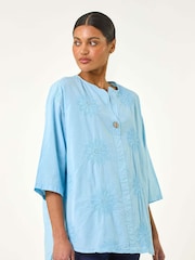 Roman Blue 100% Cotton Floral Embroidered Tunic Top - Image 4 of 5