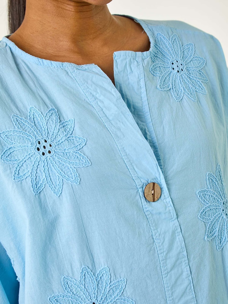 Roman Blue 100% Cotton Floral Embroidered Tunic Top - Image 5 of 5