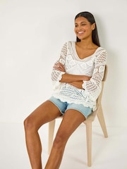 Blanco - Roman Crochet Lace V-Neck Open Knit 100% Cotton Blouses - Imagen 1 de 5