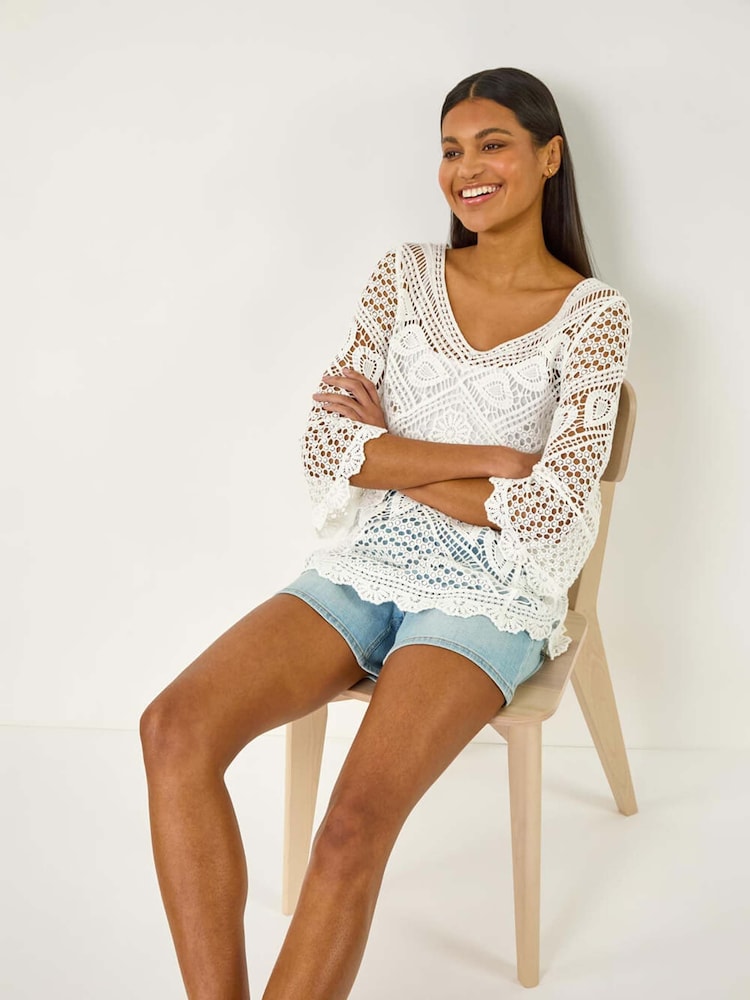 Blanco - Roman Crochet Lace V-Neck Open Knit 100% Cotton Blouses - Imagen 1 de 5
