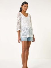 Blanco - Roman Crochet Lace V-Neck Open Knit 100% Cotton Blouses - Imagen 2 de 5