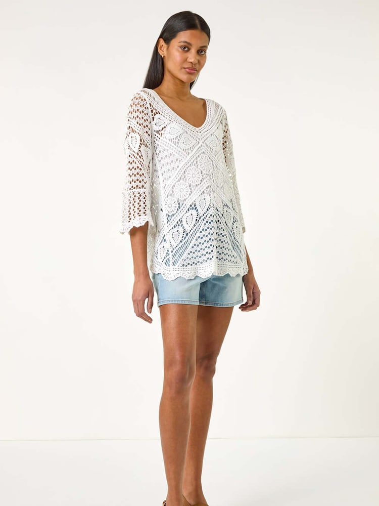Blanco - Roman Crochet Lace V-Neck Open Knit 100% Cotton Blouses - Imagen 2 de 5 Blanco - Roman Crochet Lace V-Neck Open Knit 100% Cotton Blouses - Imagen 2 de 5